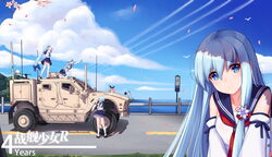  5girls absurdres allenes anniversary blue_eyes blue_hair blue_sky character_request cherry_blossoms cloud commentary_request day fubuki_(warship_girls_r) ground_vehicle guard_rail highres long_hair looking_at_another looking_at_viewer looking_away military military_truck military_vehicle motor_vehicle multiple_girls oshkosh_m-atv outdoors pink_hair ponytail road shirayuki_(warship_girls_r) sky standing thighhighs truck warship_girls_r white_legwear white_sleeves 