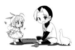  1boy air_(visual_novel) aki_(neyuki41028) bad_id bad_pixiv_id board_game chibi chicchana_yukitsukai_sugar crossover dinosaur fairy female go_(board_game) greyscale hat hikaru_no_go kawakami_tomoko mini_person minigirl monochrome multicolored_hair photoshop_(medium) shindou_hikaru short_hair sugar_(chicchana_yukitsukai_sugar) two-tone_hair voice_actor_connection wings 