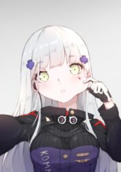  blurry cheek_pull commentary facial_mark female girls&#039;_frontline gloves green_eyes highres hk416_(girls&#039;_frontline) long_hair peachyp reaching reaching_towards_viewer selfie simple_background solo symbol-only_commentary white_hair 