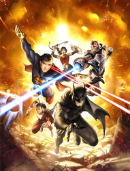  4boys alien amazon arm_cannon armor batman batman_(series) billy_batson black_cape black_hair blue_eyes bodysuit boots bruce_wayne cape cyborg cyborg_(dc) dark_skin dc_comics detached_sleeves explosion female fire flying gauntlets glowing glowing_eyes justice_league kryptonian magic mask multiple_boys neon_trim open_mouth ponytail princess red_cape running s_shield shazam shield superhero superman superman_(series) sword tiara vambraces victor_stone weapon white_cape wonder_woman wonder_woman_(series) 