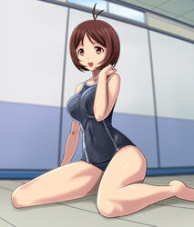  :d antenna_hair barefoot black_one-piece_swimsuit blurry breasts brown_hair ceiling commentary_request covered_navel depth_of_field double_vertical_stripe female from_side full_body hand_on_own_shoulder hidaka_ai hip_focus idolmaster idolmaster_dearly_stars indoors large_breasts looking_at_viewer muhi11234 one-piece_swimsuit open_mouth parted_bangs red_eyes school_swimsuit short_hair sitting smile swept_bangs swimsuit tile_ceiling tiles wariza 