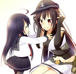  2girls aged_down akatsuki_(kancolle) anchor_symbol bare_shoulders black_hair black_pantyhose blouse breasts commentary_request elbow_gloves gloves hairband hat kantai_collection long_hair medium_breasts midriff multiple_girls nagato_(kancolle) pantyhose photoshop_(medium) red_eyes school_uniform serafuku shirt skirt smile suzune_kotora 