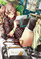  bad_id bad_pixiv_id bag bed_sheet black_thighhighs bracelet breasts brown_eyes clothes_pull dutch_angle female glasses hair_ribbon highres jewelry kizuka_kanata long_hair lying medium_breasts on_back original panties pillow pink_hair plaid plaid_shirt reading red-framed_eyewear ribbon satchel scissors shirt skirt skirt_around_one_leg skirt_pull sleeves_rolled_up solo tablet_pc thighhighs twintails underwear white_panties 