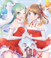  altaria brown_hair christmas haruka_(pokemon) haruka_(pokemon)_(remake) lucia_(pokemon) mikuri_(pokemon) pokemon pokemon_oras santa_costume torchic tsuwabuki_daigo wink yuuki_(pokemon) yuuki_(pokemon)_(remake) 