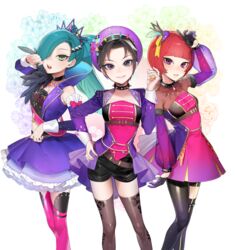  3girls absurdres aqua_hair asymmetrical_bangs asymmetrical_legwear bad_id bad_pixiv_id bare_shoulders belt black_gloves black_hair black_legwear blunt_bangs choker collarbone commentary_request contrapposto crown diagonal_bangs dress feet_out_of_frame forehead gloves green_eyes grey_eyes hair_over_one_eye hand_on_own_hip hat highres idol jay_(shining_star) keishi_(shining_star) kyuri_(shining_star) long_hair looking_at_viewer mismatched_legwear multiple_girls navel ohisashiburi open_mouth pink_legwear ponytail purple_eyes red_hair see-through shining_star short_hair shorts skirt smile spiked_choker spiked_thighlet spikes teeth thighhighs thighlet tiara tsurime uneven_legwear very_long_hair zettai_ryouiki 