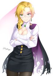  2017 artist_name black_cape black_pantyhose black_skirt blonde_hair breasts brooch cape cleavage cleavage_cutout closed_mouth clothing_cutout commentary_request cowboy_shot crossed_arms crystal_earrings dissolving_clothes earrings female glasses glynda_goodwitch green_eyes high-waist_skirt high_collar jewelry large_breasts long_sleeves looking_at_viewer lulu-chan92 miniskirt pantyhose rwby skirt smile solo torn_cape torn_clothes 