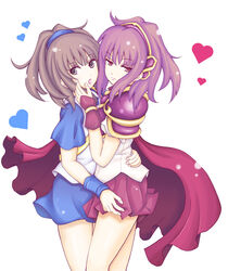  2girls arle_nadja armor armored_dress blue_skirt brown_eyes brown_hair cape commentary_request doppelganger_arle fuwa_yahiko heart madou_monogatari multiple_girls pink_hair puyopuyo puyopuyo~n red_armor red_cape short_hair skirt white_background wrist_cuffs yuri 