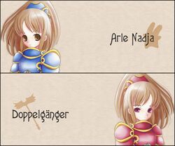  2girls arle_nadja armor brown_background brown_eyes brown_hair character_name commentary_request doppelganger_arle expressionless kaheruchan madou_monogatari multiple_girls purple_eyes puyopuyo puyopuyo~n short_hair 