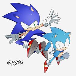  2boys artist_name commentary_request dual_persona gloves green_eyes hedgehog looking_at_viewer male_focus multiple_boys open_mouth posojo123 shoes signature simple_background smile sneakers sonic_(series) sonic_generations sonic_the_hedgehog sonic_the_hedgehog_(classic) twitter_username white_gloves 