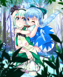  2girls bloomers blue_eyes blue_hair bow cirno commentary_request forest green_eyes green_hair hairband hairbow hug ice ice_wings konpaku_youmu multiple_girls nature one_eye_closed partially_submerged photoshop_(medium) see-through short_hair t.o.d touhou underwear water wet wet_bloomers wet_clothes wings 