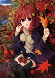  :d absurdres ahoge autumn_leaves black_thighhighs blue_skirt braid brown_footwear brown_sweater day female food fruit hair_between_eyes hair_ornament highres holding holding_food long_hair looking_at_viewer minari_(minari37) miniskirt open_mouth original outdoors persimmon pleated_skirt purple_eyes red_hair sitting skirt smile solo star_(symbol) star_hair_ornament sweater thighhighs zettai_ryouiki 