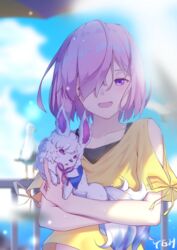  ;d alternate_costume animal blurry blurry_background cloud collarbone commentary_request day fate/grand_order fate_(series) female fou_(fate) hair_over_one_eye holding holding_animal looking_at_viewer mash_kyrielight one_eye_closed open_mouth outdoors purple_eyes purple_hair ribbon shirt short_hair short_sleeves sky smile solo upper_body yeh_(354162698) yellow_ribbon yellow_shirt 