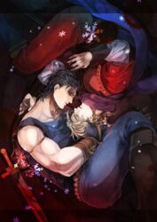  2boys black_hair blonde_hair commentary_request dio_brando fetal_position jojo_no_kimyou_na_bouken jonathan_joestar luck_and_pluck multiple_boys phantom_blood scarf sword tenso weapon 