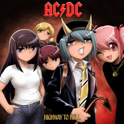  5girls ac/dc akemi_homura album_cover album_cover_redraw blonde_hair brown_eyes commentary_request cover demon_tail derivative_work drill_hair hands_in_pockets hat heavy_metal highway_to_hell horns jewelry kaname_madoka long_hair looking_at_viewer mahou_shoujo_madoka_magica mahou_shoujo_madoka_magica_(anime) miki_sayaka multiple_girls necklace necktie one_eye_closed open_mouth parody photo-referenced pink_eyes pink_hair purple_eyes rock_(music) sakura_kyoko shingyouji_tatsuya tail tomoe_mami twin_drills twintails yellow_eyes 