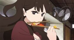  animated animated black_hair chopsticks female fire rolling_girls shigyou_kuniko solo the_rolling_girls 