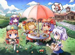  6+girls absurdres apron bat_wings blonde_hair blue_eyes blue_sky book book_stack braid cake cake_slice chair clock closed_eyes cloud commentary_request cup day eating flandre_scarlet flying food fork gardening_shears head_wings hedge_trimmer highres hong_meiling izayoi_sakuya knife koakuma long_hair maid_apron maid_headdress mountain multiple_girls open_mouth patchouli_knowledge photoshop_(medium) plate purple_eyes purple_hair red_eyes red_hair remilia_scarlet shears short_hair sitting sky smile table tama_yu teacup tears touhou twin_braids umbrella watering_can wings 