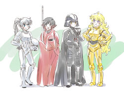  4girls blake_belladonna c-3po c-3po_(cosplay) commentary cosplay darth_vader darth_vader_(cosplay) emperor&#039;s_royal_guard highres iesupa multiple_girls ruby_rose rwby star_wars stormtrooper weiss_schnee yang_xiao_long 