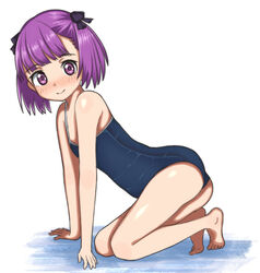  arm_support ass bare_arms bare_legs bare_shoulders blush closed_mouth eyebrows_visible_through_hair female female flat_chest full_body helena_blavatsky_(fate/grand_order) looking_at_viewer looking_to_the_side nopear one-piece_swimsuit purple_eyes purple_hair shiny smile solo swimsuit white_background 