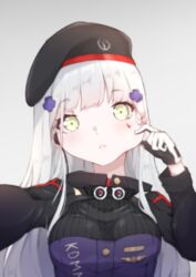  beret blurry cheek_pull commentary facial_mark female girls&#039;_frontline gloves green_eyes hat highres hk416_(girls&#039;_frontline) long_hair peachyp reaching reaching_towards_viewer selfie simple_background solo symbol-only_commentary white_hair 