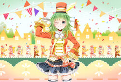  black_skirt blue_eyes commentary_request female green_hair gumi hand_on_own_hip hat looking_at_viewer majorette one_eye_closed short_hair skirt solo tsujiori vocaloid 