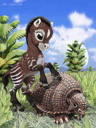  2011 3_toes 4_toes ambiguous_gender armadillo black_body black_eyes black_fur black_hooves black_mane black_tail brown_body brown_eyes brown_fur brown_scales brown_tail claws cloud detailed_background digital_media_(artwork) digital_painting_(artwork) duo equid extinct eye_markings facial_markings feet feral fern forehead_markings full-length_portrait fur glyptodon glyptodont grass head_markings hi_res hooves leg_markings light lighting looking_at_another looking_down mammal mane markings mesohippus moon multicolored_body multicolored_fur muzzle_(marking) nature on_hind_legs outside plant portrait prehistoric prehistoric_species psithyrus quadruped scales shadow shell signature size_difference sky smile snout snout_markings socks_(marking) spiked_tail spikes spikes_(anatomy) spots spotted_body spotted_fur standing striped_body striped_fur stripes tail tail_tuft toe_claws toeless_(marking) toes tree tuft two_tone_tail white_body white_claws white_fur white_markings white_spots white_stripes xenarthran young young_feral 