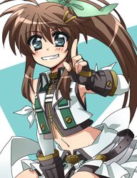  ahoge armor bare_shoulders bike_shorts black_gloves blue_eyes brown_hair commentary_request cropped_vest elbow_gloves faulds female fingerless_gloves fuka_reventon gloves grin hair_ribbon index_finger_raised long_hair looking_at_viewer lyrical_nanoha magical_girl midriff navel open_clothes open_vest ponytail ribbon sidelocks skirt smile solo tatsuko_(tttk_64) vest vivid_strike! white_gloves 