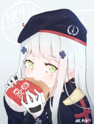  beret burger commentary eating facial_mark female food girls&#039;_frontline gloves green_eyes hat highres hk416_(girls&#039;_frontline) long_hair looking_at_viewer peachyp simple_background solo symbol-only_commentary white_hair 