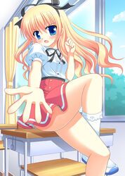  blonde_hair blouse blue_eyes blush classroom hair_ribbon long_hair mayoi_neko_overrun! open_mouth oshiri ribbon school_desk school_uniform sitting skirt socks tagme umenomori_chise window 