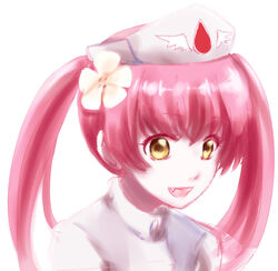  :d borrowed_character commentary ebola-chan female flower hair_flower hair_ornament hat long_hair nurse nurse_cap oerba_yun_fang open_mouth original personification pink_hair pink_theme portrait simple_background smile solo twintails white_background yellow_eyes zatsudan 