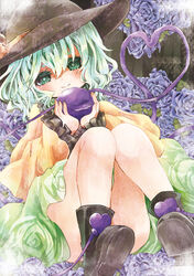  blue_flower blue_rose blush boots commentary_request edo. eyeball female floral_print flower green_eyes green_hair hat hat_ribbon heart heart_of_string komeiji_koishi ribbon rose short_hair sitting skirt smile solo third_eye touhou wide_sleeves 