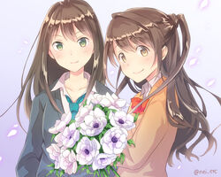  2girls anemone_(flower) bouquet bow brown_eyes brown_hair commentary_request flower formal green_eyes holding holding_bouquet holding_flower idolmaster idolmaster_cinderella_girls jacket long_hair meganei multiple_girls necktie one_side_up petals school_uniform shibuya_rin shimamura_uzuki white_flower 