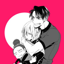  2boys bad_id bad_pixiv_id con_potata drooling female grin hair_bun hair_ornament hair_over_one_eye hair_scrunchie hug hug_from_behind jean-jacques_leroy monochrome multiple_boys nishigoori_lutz open_mouth scrunchie single_hair_bun smile yuri!!!_on_ice yuri_plisetsky 