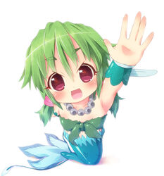  :d alternate_hairstyle bad_id bad_pixiv_id blush collarbone commentary_request female gem green_hair jewelry long_hair low_twintails mermaid monster_girl muromi-san namiuchigiwa_no_muromi-san necklace open_mouth pearl_(gemstone) photoshop_(medium) pu-en red_eyes short_twintails smile solo twintails white_background 