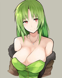  breasts cleavage closed_mouth collarbone commentary_request cropped_torso fate/apocrypha fate_(series) female forehead fur_trim green_hair grey_background half-closed_eyes head_tilt highres jewelry large_breasts long_hair looking_at_viewer necklace parted_bangs pendant red_eyes rikudou_reika simple_background smile solo split_mouth star_(symbol) star_necklace upper_body yuzuki_himuka 