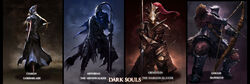  3boys absurdres armor artorias_the_abysswalker blonde_hair bow_(weapon) cape chainmail character_name commentary_request dark_souls_(series) dark_souls_i dragon_slayer_ornstein dual_wielding female full_armor hawkeye_gough helmet highres holding kneeling knight lord&#039;s_blade_ciaran multiple_boys photoshop_(medium) plate_armor polearm ponytail spear sword typo weapon yinwoeren 