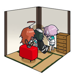  3girls ahoge brown_hair camouflage cape commentary_request corner flying_sweatdrops green_hair hat hugging_own_legs isometric kamituki_kaima kantai_collection kiso_(kancolle) kiso_kai_ni_(kancolle) kuma_(kancolle) long_hair multiple_girls photoshop_(medium) purple_hair school_uniform serafuku short_hair sitting sweatdrop tama_(kancolle) tatami television yojouhan 