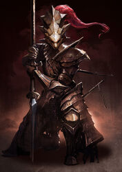  1boy armor chainmail commentary_request dark_souls_(series) dark_souls_i dragon_slayer_ornstein full_armor helmet highres knight male_focus on_one_knee photoshop_(medium) plate_armor polearm solo spear weapon yinwoeren 