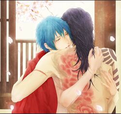  2boys bad_id bad_pixiv_id black_hair blonde_hair blue_hair dramatical_murder from_behind highres hug koujaku long_hair male_focus manyon multiple_boys seragaki_aoba tattoo yaoi 