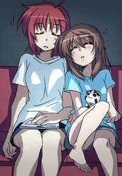  2girls :3 barefoot black_eyes blue_shirt blush breasts brown_hair closed_eyes commentary_request couch feline fuka_reventon huracan_(vivid_strike!) long_hair lyrical_nanoha medium_breasts multiple_girls nove_(nanoha) numbers_(nanoha) on_couch open_mouth red_hair shirt short_hair sitting sleeping small_breasts tatsuko_(tttk_64) vivid_strike! white_shirt 