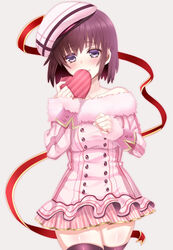  alternate_costume bare_shoulders beret black_thighhighs blush box brown_hair candy chocolate coat collarbone female food fur_coat gift gift_box grey_background grey_eyes hat heart heart-shaped_chocolate long_sleeves looking_at_viewer nishio_rina ootani_mikoto ribbon shiny_skin short_hair simple_background skirt smile solo soukyuu_no_fafner thighhighs valentine 