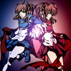  2girls arle_nadja armor armored_dress bad_id bad_pixiv_id bare_legs blue_background blue_skirt brown_eyes brown_hair cape commentary_request doppelganger_arle half_updo highres madou_monogatari magic mikapoe multiple_girls pantyhose photoshop_(medium) pink_background puyopuyo puyopuyo~n red_armor red_cape shoes short_hair skirt standing standing_on_one_leg symmetry white_legwear 