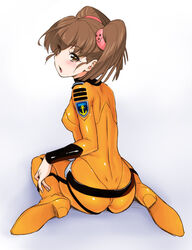  blush bodysuit brown_hair chestnut_mouth commentary_request female hair_ornament kazuma_muramasa looking_back misaki_yuria open_mouth orange_bodysuit sitting solo twintails uchuu_senkan_yamato uchuu_senkan_yamato_2199 wariza 