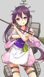  :q akebono_(kancolle) akebono_(new_year_mode)_(kancolle) apron blush broom commentary_request cowboy_shot crossed_arms female floral_print flower grey_background hair_flower hair_ornament highres japanese_clothes kantai_collection kimono long_hair looking_at_viewer machinery maid max_melon obi official_alternate_costume pink_kimono purple_eyes purple_hair sash short_kimono short_sleeves side_ponytail simple_background smile solo tasuki thigh_strap tongue tongue_out v-shaped_eyebrows wa_maid waist_apron 