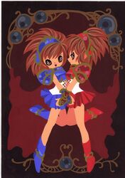  2girls arle_nadja armor armored_dress bare_legs blue_footwear blue_skirt boots brown_eyes brown_hair cape commentary_request doppelganger_arle full_body kaorin_minogue madou_monogatari multiple_girls puyopuyo puyopuyo~n short_hair skirt smile standing standing_on_one_leg symmetry 