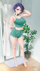  1girls after_shower arm_behind_head bare_arms bare_legs bare_shoulders barefoot blue_hair breasts choker collarbone commentary dolphin_shorts english_commentary female fire_emblem fire_emblem:_three_houses full_body highres indoors large_breasts light_smile looking_at_viewer midriff navel nintendo parted_lips plant potted_plant purple_eyes sendrawz shamir_nevrand short_hair shorts signature solo solo_female standing tank_top towel 