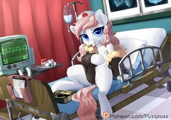  2017 bed blue_eyes bobby_pin bobby_pin_in_mouth book book_title cardiac_monitor censored clipboard clothing convenient_censorship dock_(anatomy) dock_piercing earth_pony electrocardiogram equid equine fastener female feral foot_over_edge friendship_is_magic furgonomics furniture furry-specific_piercing hair hasbro hat headgear headwear heart_clothing heart_hat heart_headwear heart_line heart_print heart_symbol heartbeat_line horse hospital hospital_bed iv_pole long_hair looking_at_viewer mammal medical medical_instrument mouth_hold my_little_pony name_tag number nurse nurse_clothing nurse_hat nurse_headwear nurse_redheart object_in_mouth on_bed over_edge patreon patreon_logo piercing pillow pin_(fastener) pink_hair pony print_clothing print_hat print_headgear print_headwear pusspuss radiograph reclining red_cross scientific_instrument scissors solo tail tail_on_bed tail_on_furniture tail_over_edge text title url 