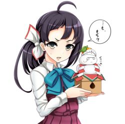  ahoge black_hair brown_eyes dress food fujinami_(kantai_collection) hair_ribbon kagami_mochi kantai_collection long_hair looking_at_viewer mochi ribbon roma_(kantai_collection) school_uniform shirt simple_background sleeveless sleeveless_dress the_roma-like_snowman tk8d32 translated upper_body wagashi white_background white_ribbon white_shirt 