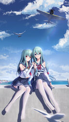  absurdres aircraft airplane arm_at_side bare_shoulders bird blue_eyes blue_hair blue_ribbon blue_sailor_collar blue_skirt blue_sky blurry blurry_foreground bow closed_mouth cloud commentary day flower fubuki_(warship_girls_r) full_body hand_on_another&#039;s_shoulder hand_on_own_chest harbor highres horizon lazy_guang_guang leaning_to_the_side leg_ribbon long_hair low-tied_long_hair medium_skirt midriff_peek multiple_girls navel neckerchief no_shoes ocean outdoors pantyhose parted_lips pier pink_eyes pleated_skirt red_bow red_neckerchief ribbon sailor_collar school_uniform seagull serafuku shadow shirayuki_(warship_girls_r) shirt sidelocks skirt sky sleeveless sleeveless_shirt smile straight_hair thigh_ribbon thighband_pantyhose thighhighs very_long_hair warship_girls_r water white_legwear white_ribbon white_shirt white_sleeves 