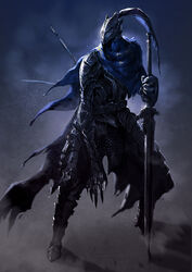  1boy armor artorias_the_abysswalker cape commentary_request dark_souls_(series) dark_souls_i full_armor helmet highres knight male_focus photoshop_(medium) plate_armor solo sword weapon yinwoeren 