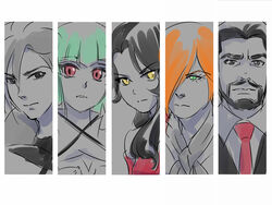  2girls 3boys black_hair cinder_fall commentary emerald_sustrai green_eyes green_hair hei_junior_xiong iesupa mercury_black multiple_boys multiple_girls orange_hair red_eyes roman_torchwick rwby yellow_eyes 